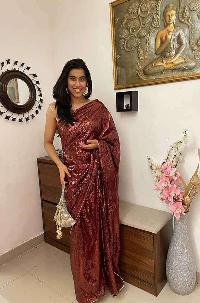 Red Embroidered Trendy Net Sequins Work Saree - Luxurion World