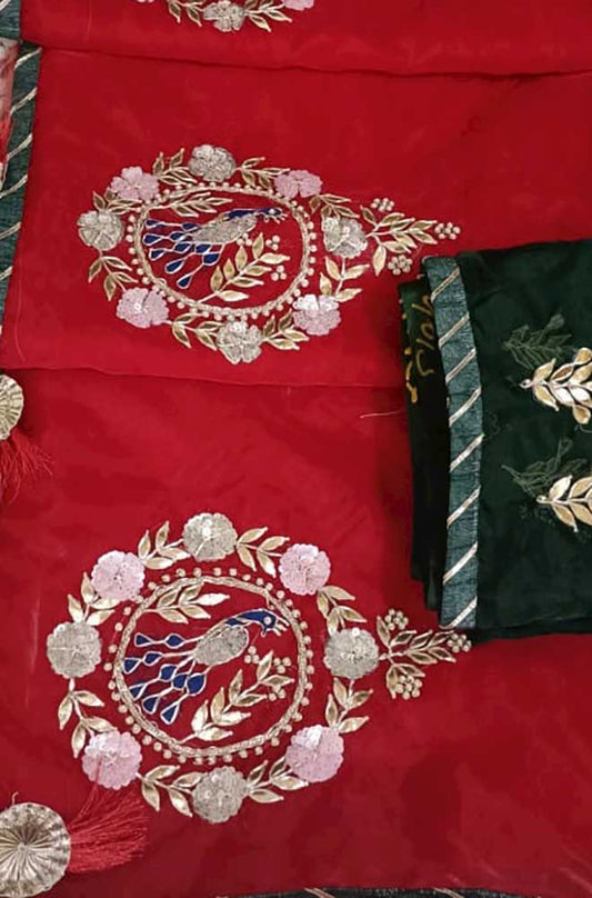 Red Gota And Zardozi Work Organza Saree - Luxurion World