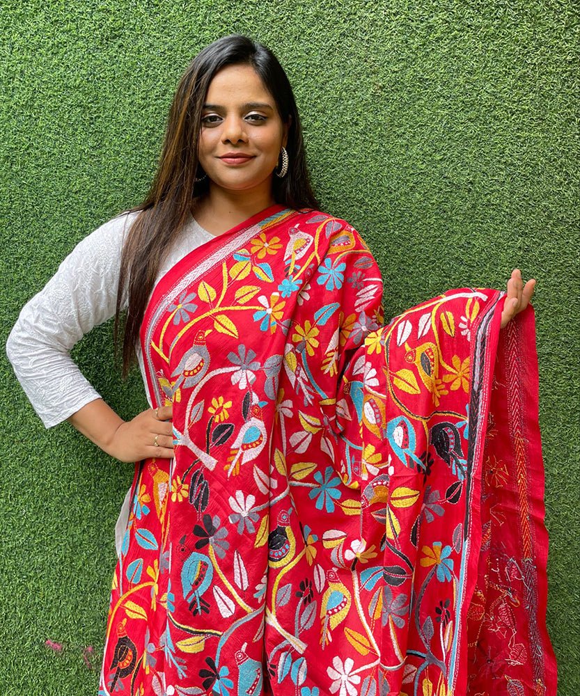 Red Hand Embroidered Kantha Bangalore Silk Dupatta - Luxurion World