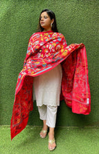 Red Hand Embroidered Kantha Bangalore Silk Dupatta - Luxurion World