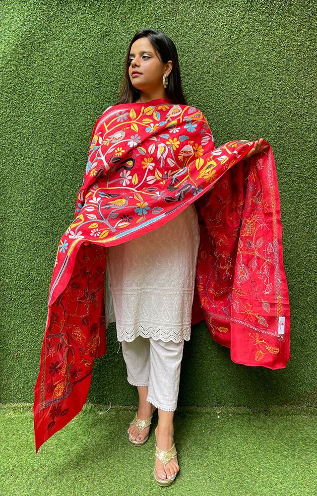 Red Hand Embroidered Kantha Bangalore Silk Dupatta - Luxurion World