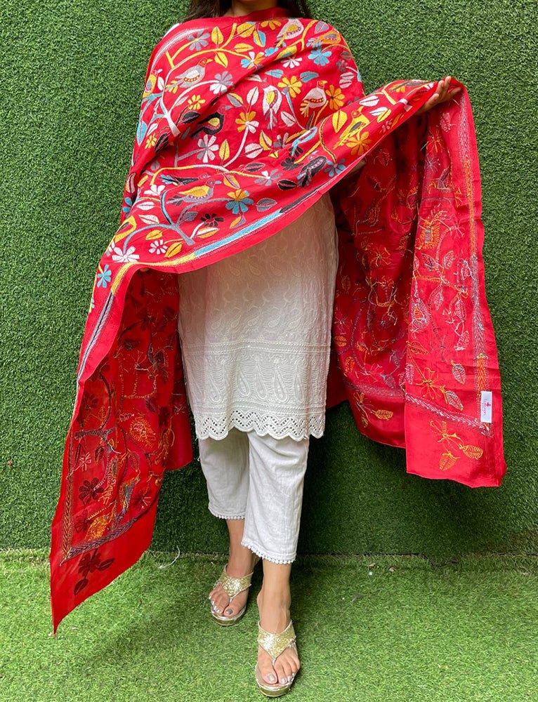 Red Hand Embroidered Kantha Bangalore Silk Dupatta - Luxurion World