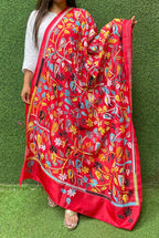 Red Hand Embroidered Kantha Bangalore Silk Dupatta - Luxurion World