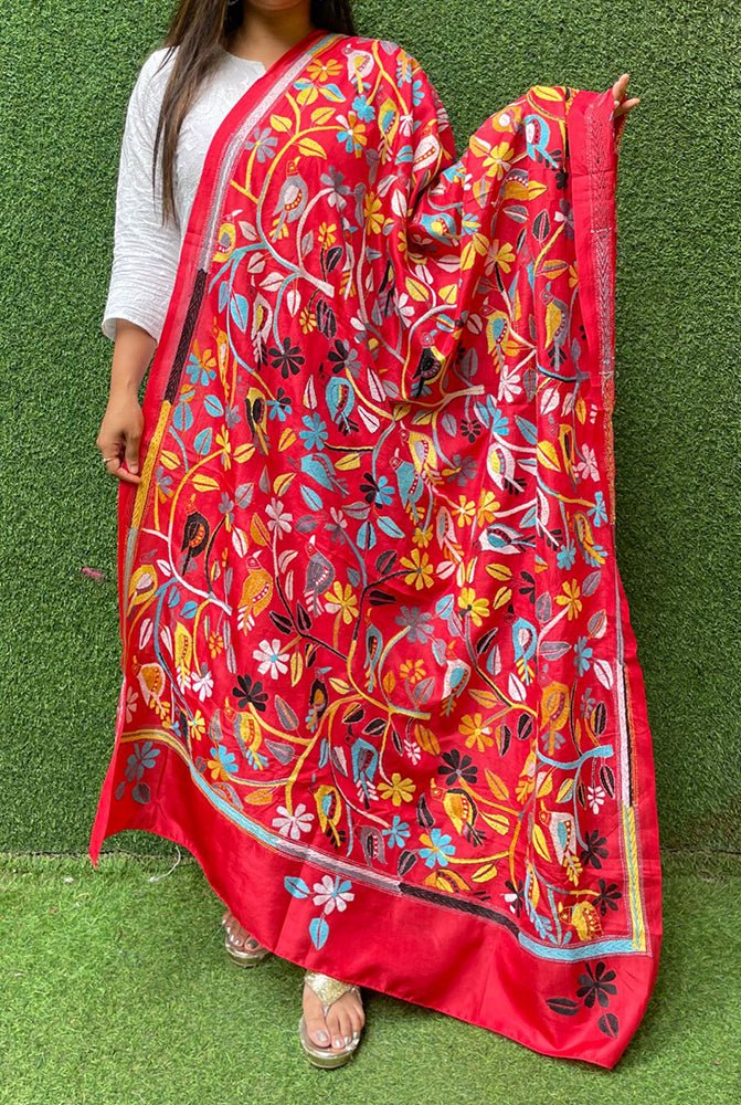 Red Hand Embroidered Kantha Bangalore Silk Dupatta - Luxurion World