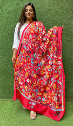 Red Hand Embroidered Kantha Bangalore Silk Dupatta - Luxurion World