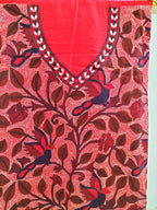 Red Hand Embroidered Kantha Cotton Unstitched Kurti - Luxurion World