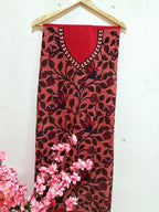 Red Hand Embroidered Kantha Cotton Unstitched Kurti - Luxurion World