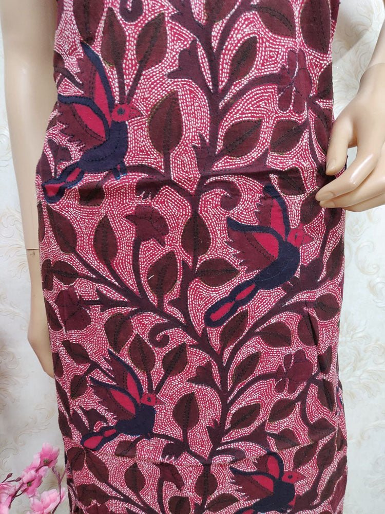 Red Hand Embroidered Kantha Cotton Unstitched Kurti