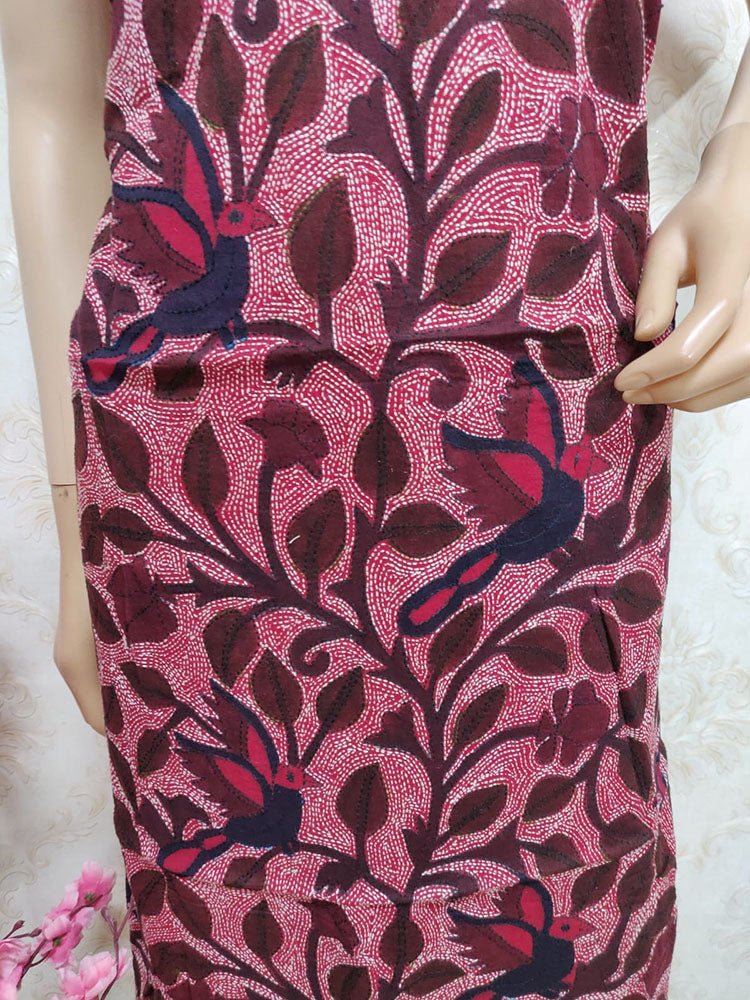 Red Hand Embroidered Kantha Cotton Unstitched Kurti - Luxurion World