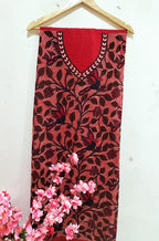 Red Hand Embroidered Kantha Cotton Unstitched Kurti - Luxurion World