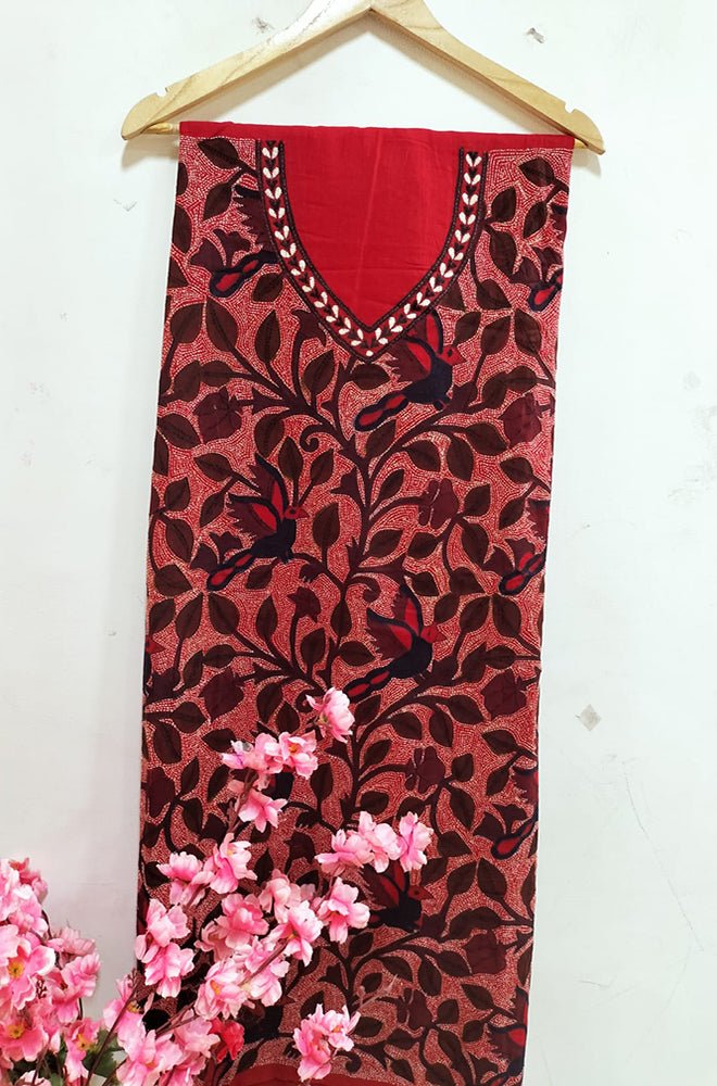 Red Hand Embroidered Kantha Cotton Unstitched Kurti - Luxurion World