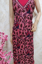 Red Hand Embroidered Kantha Cotton Unstitched Kurti - Luxurion World
