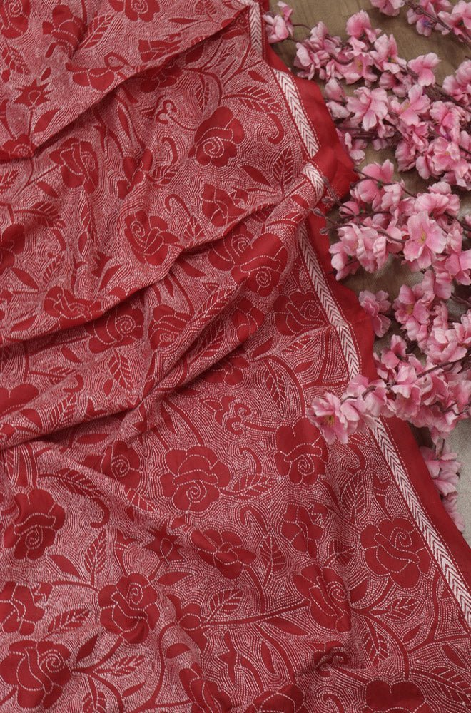 Red Hand Embroidered Kantha Pure Bangalore Silk Dupatta - Luxurion World