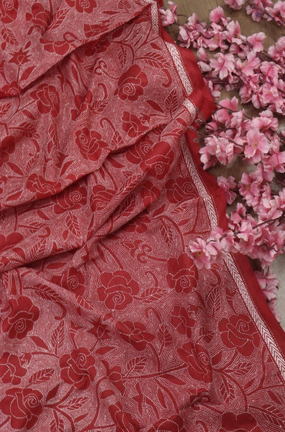 Red Hand Embroidered Kantha Pure Bangalore Silk Dupatta - Luxurion World