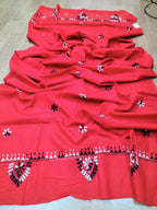 Red Hand Embroidered Kantha Pure Cotton Three Piece Unstitched Suit Set - Luxurion World