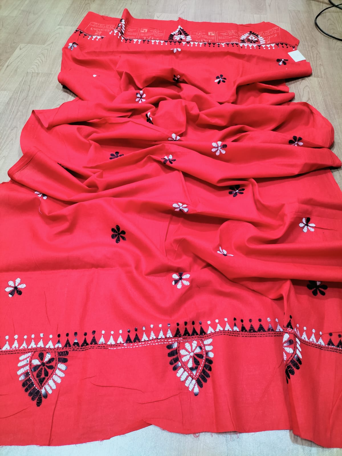 Red Hand Embroidered Kantha Pure Cotton Three Piece Unstitched Suit Set - Luxurion World