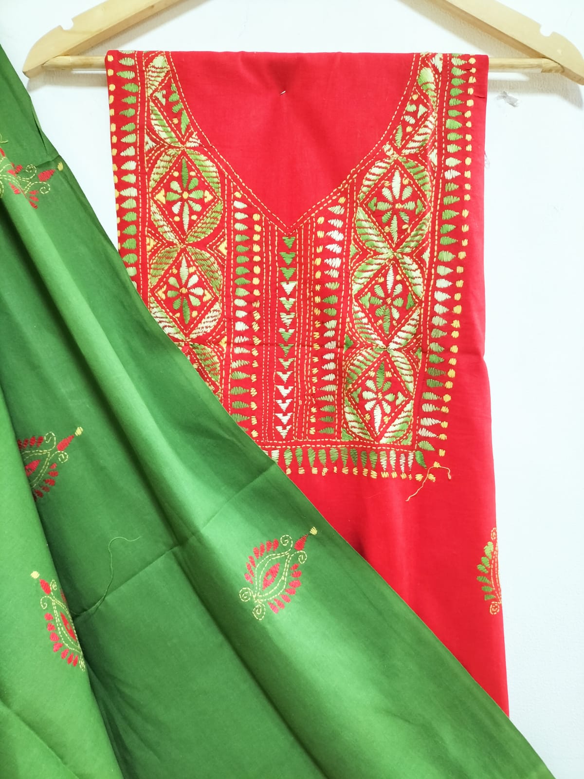 Red Hand Embroidered Kantha Pure Cotton Three Piece Unstitched Suit Set - Luxurion World