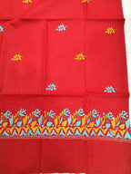 Red Hand Embroidered Kantha Pure Cotton Three Piece Unstitched Suit Set - Luxurion World