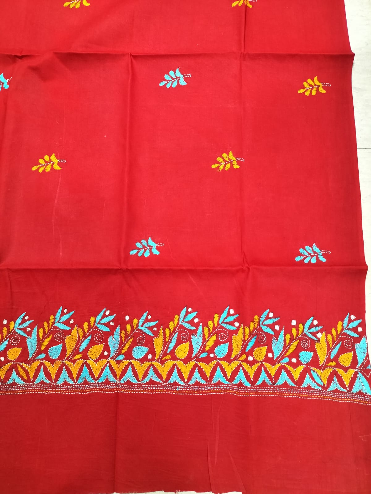 Red Hand Embroidered Kantha Pure Cotton Three Piece Unstitched Suit Set - Luxurion World