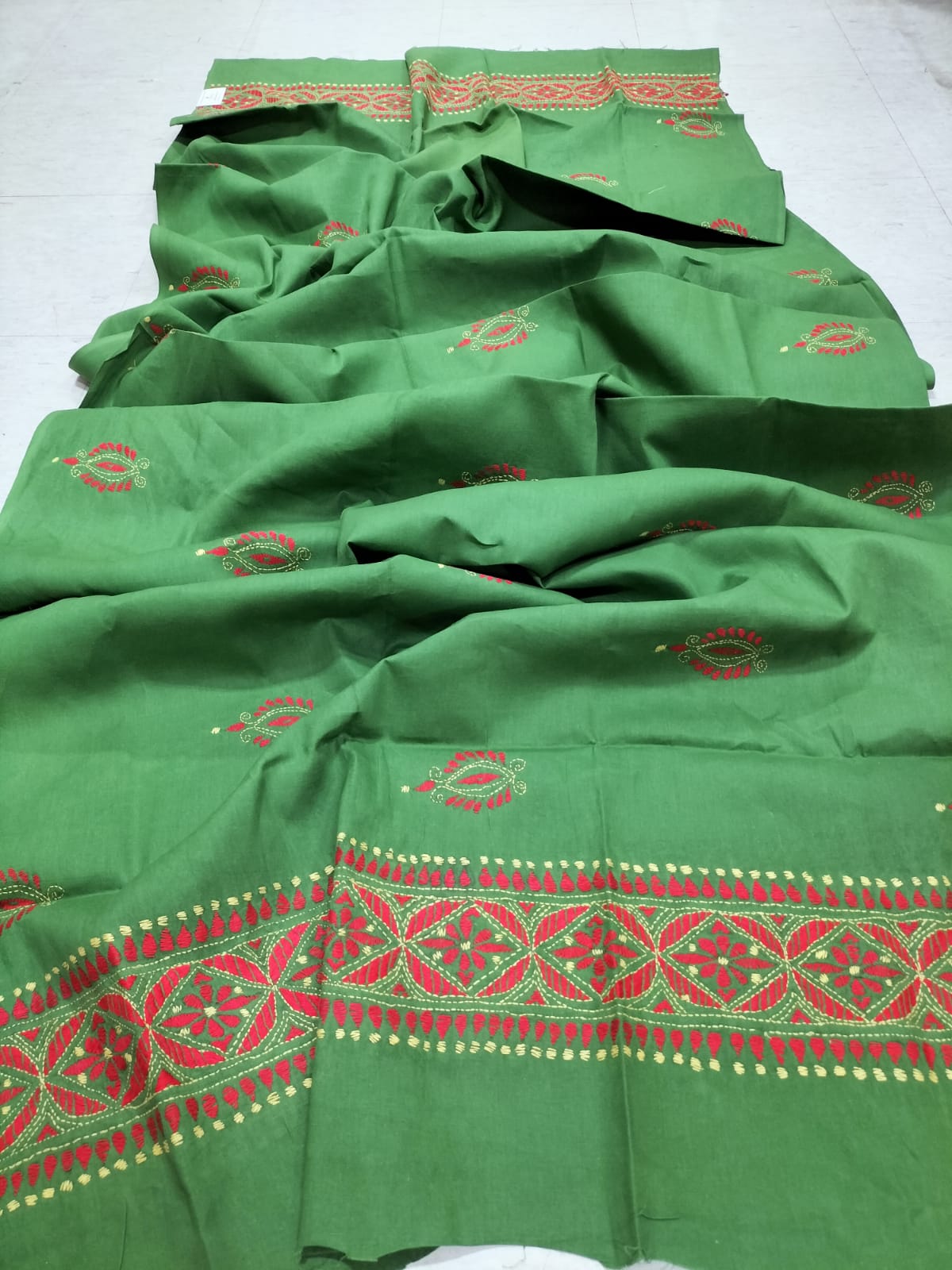 Red Hand Embroidered Kantha Pure Cotton Three Piece Unstitched Suit Set - Luxurion World
