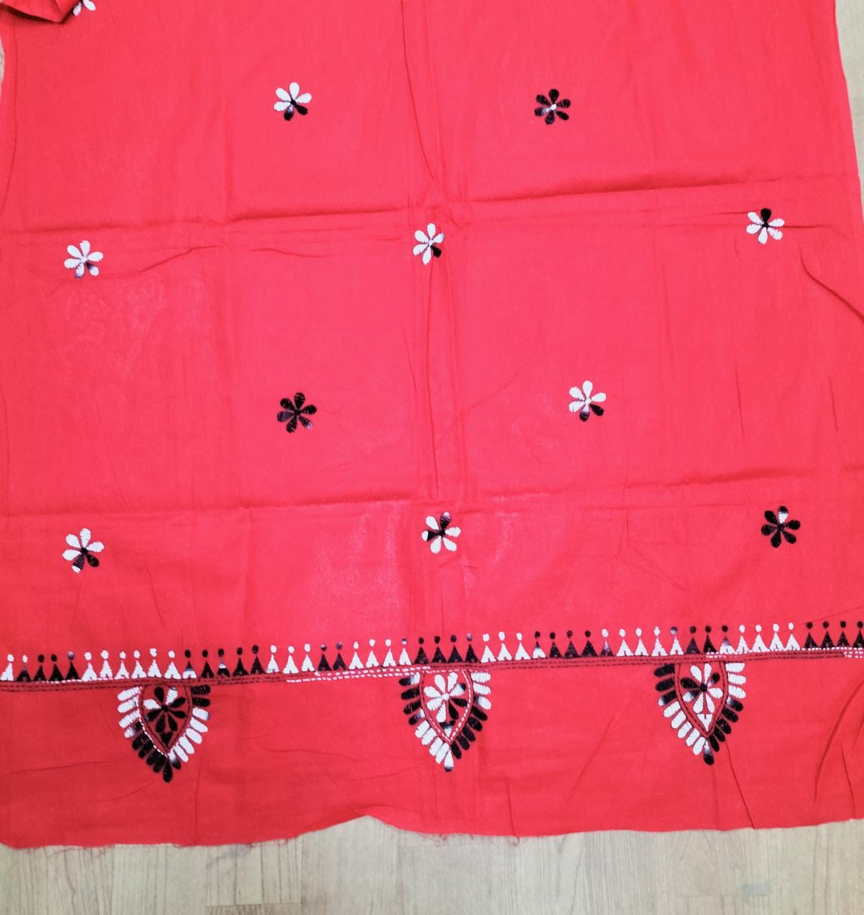Red Hand Embroidered Kantha Pure Cotton Three Piece Unstitched Suit Set - Luxurion World