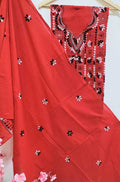 Red Hand Embroidered Kantha Pure Cotton Three Piece Unstitched Suit Set - Luxurion World