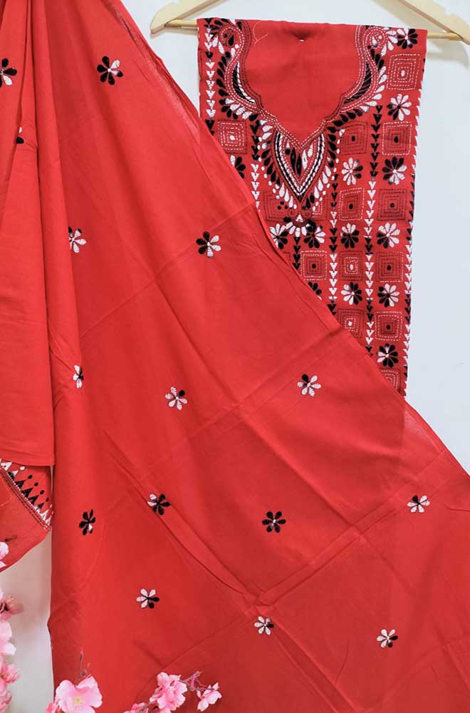 Red Hand Embroidered Kantha Pure Cotton Three Piece Unstitched Suit Set - Luxurion World