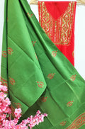 Red Hand Embroidered Kantha Pure Cotton Three Piece Unstitched Suit Set - Luxurion World