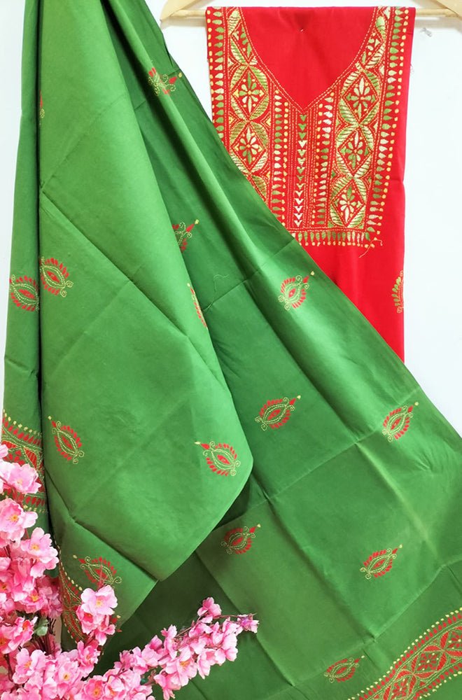 Red Hand Embroidered Kantha Pure Cotton Three Piece Unstitched Suit Set - Luxurion World