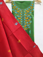 Red Hand Embroidered Kantha Pure Cotton Three Piece Unstitched Suit Set - Luxurion World