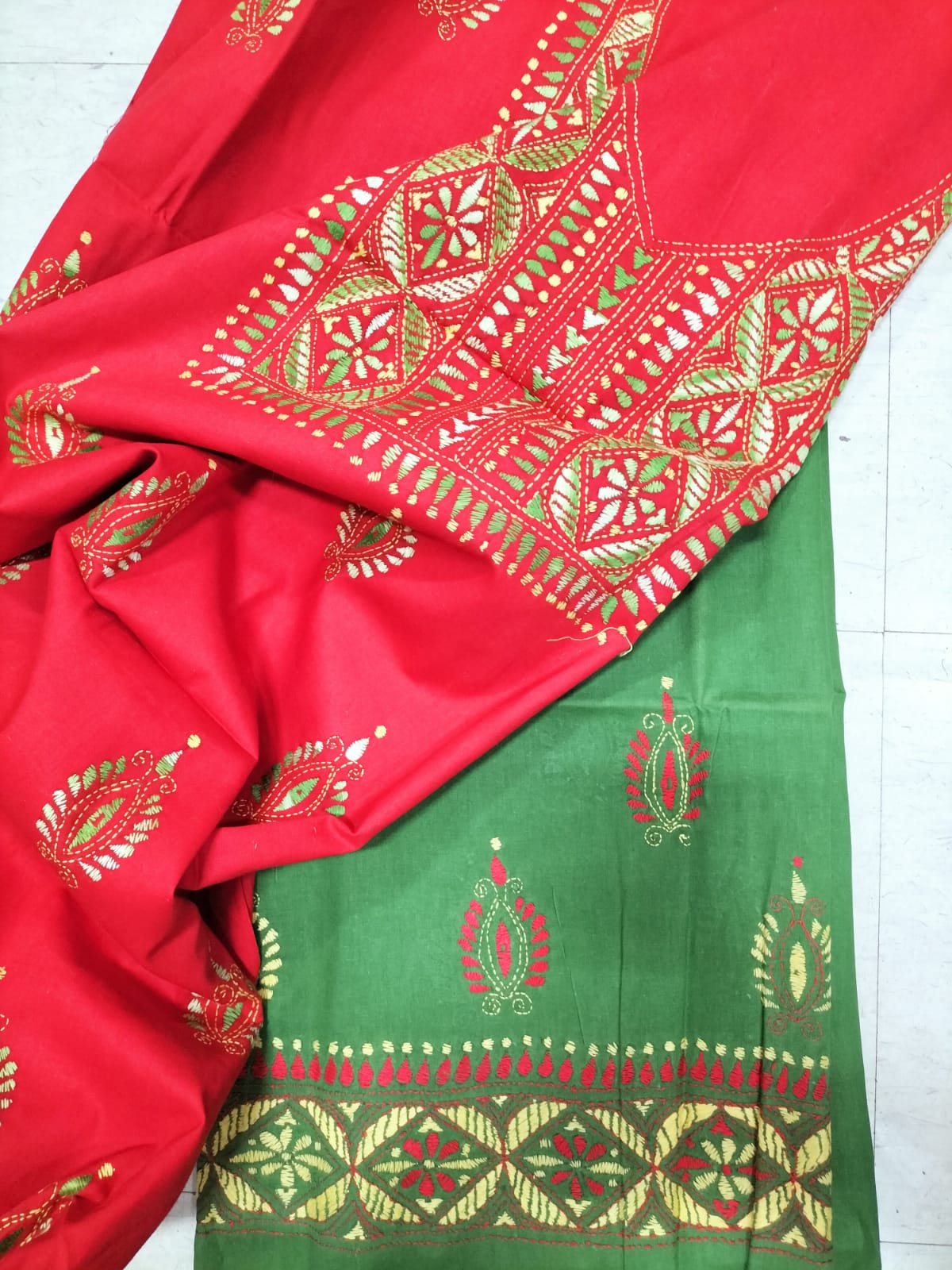 Red Hand Embroidered Kantha Pure Cotton Three Piece Unstitched Suit Set - Luxurion World