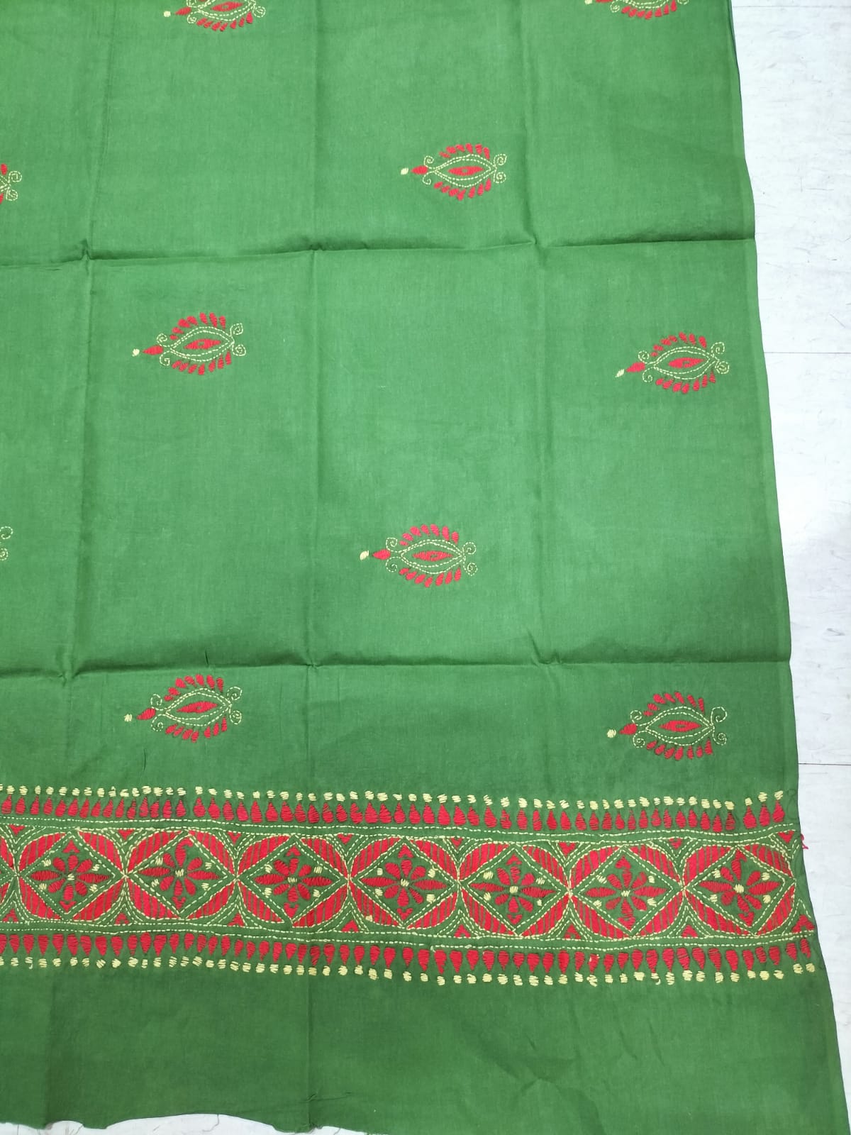 Red Hand Embroidered Kantha Pure Cotton Three Piece Unstitched Suit Set - Luxurion World