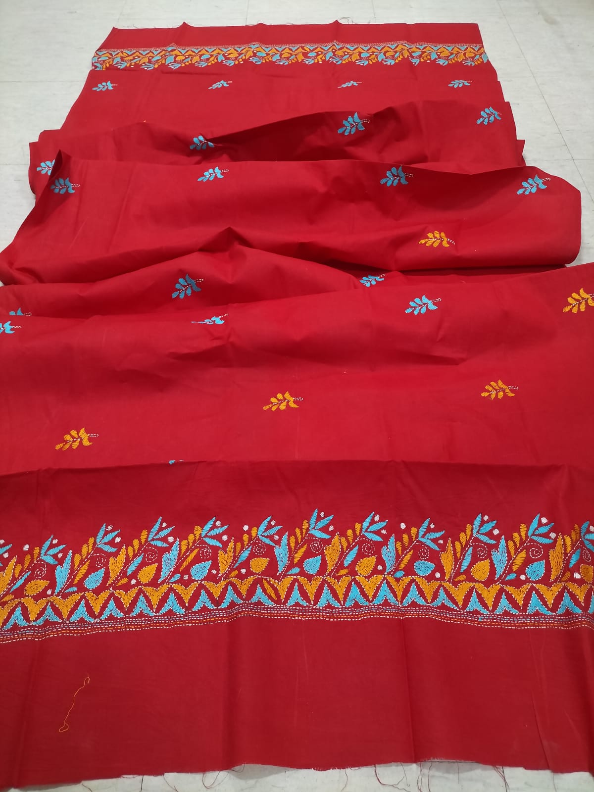 Red Hand Embroidered Kantha Pure Cotton Three Piece Unstitched Suit Set - Luxurion World