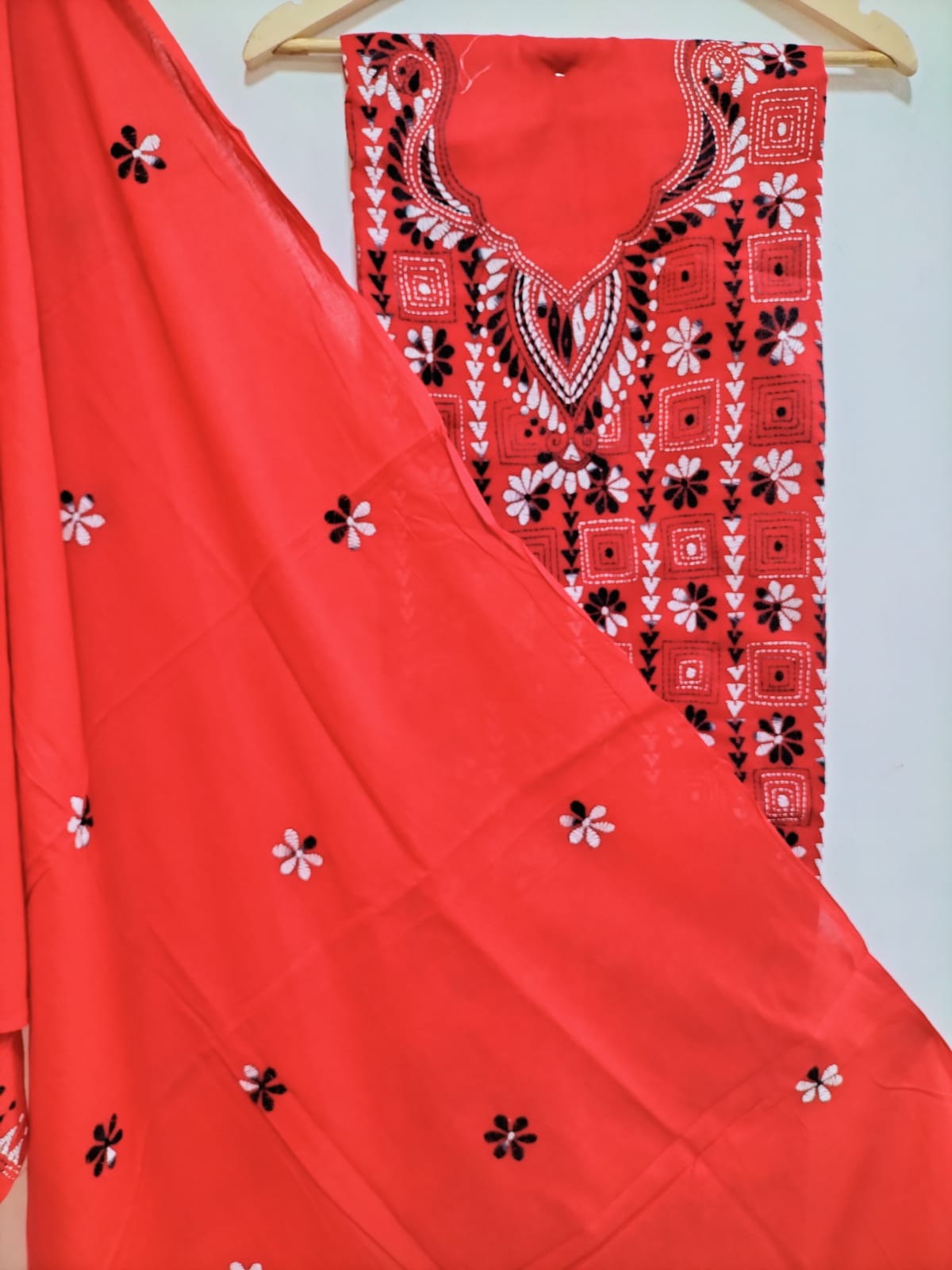 Red Hand Embroidered Kantha Pure Cotton Three Piece Unstitched Suit Set - Luxurion World