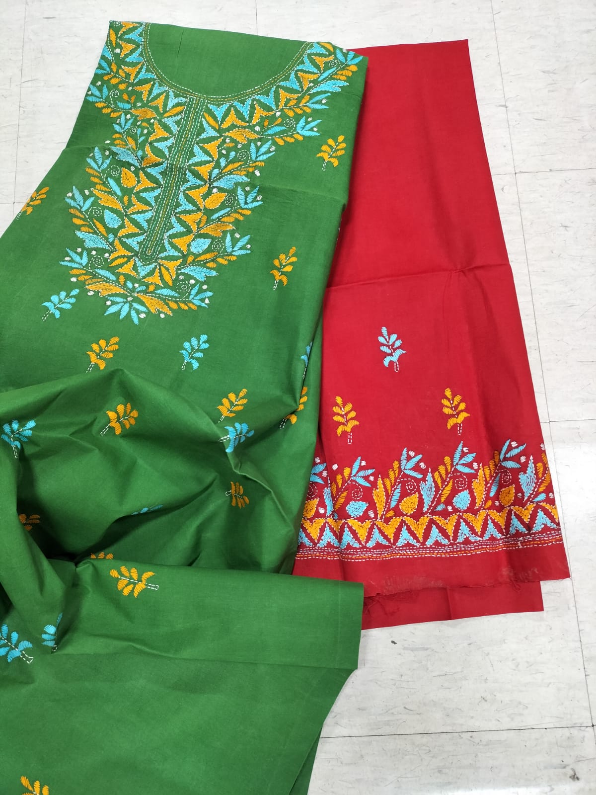 Red Hand Embroidered Kantha Pure Cotton Three Piece Unstitched Suit Set - Luxurion World