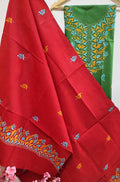 Red Hand Embroidered Kantha Pure Cotton Three Piece Unstitched Suit Set - Luxurion World