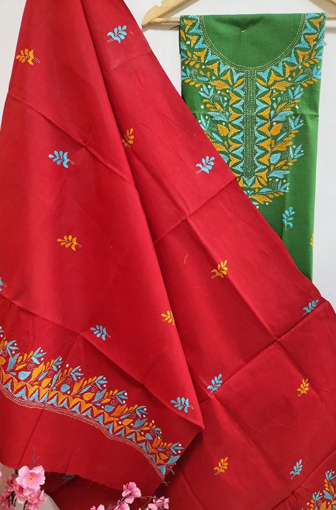 Red Hand Embroidered Kantha Pure Cotton Three Piece Unstitched Suit Set - Luxurion World