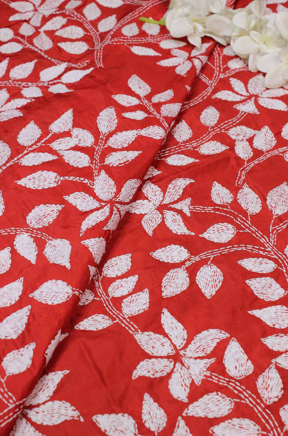 Red Hand Embroidered Kantha Silk Fabric ( 0.80 Mtr )