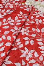 Red Hand Embroidered Kantha Silk Fabric ( 0.80 Mtr ) - Luxurion World