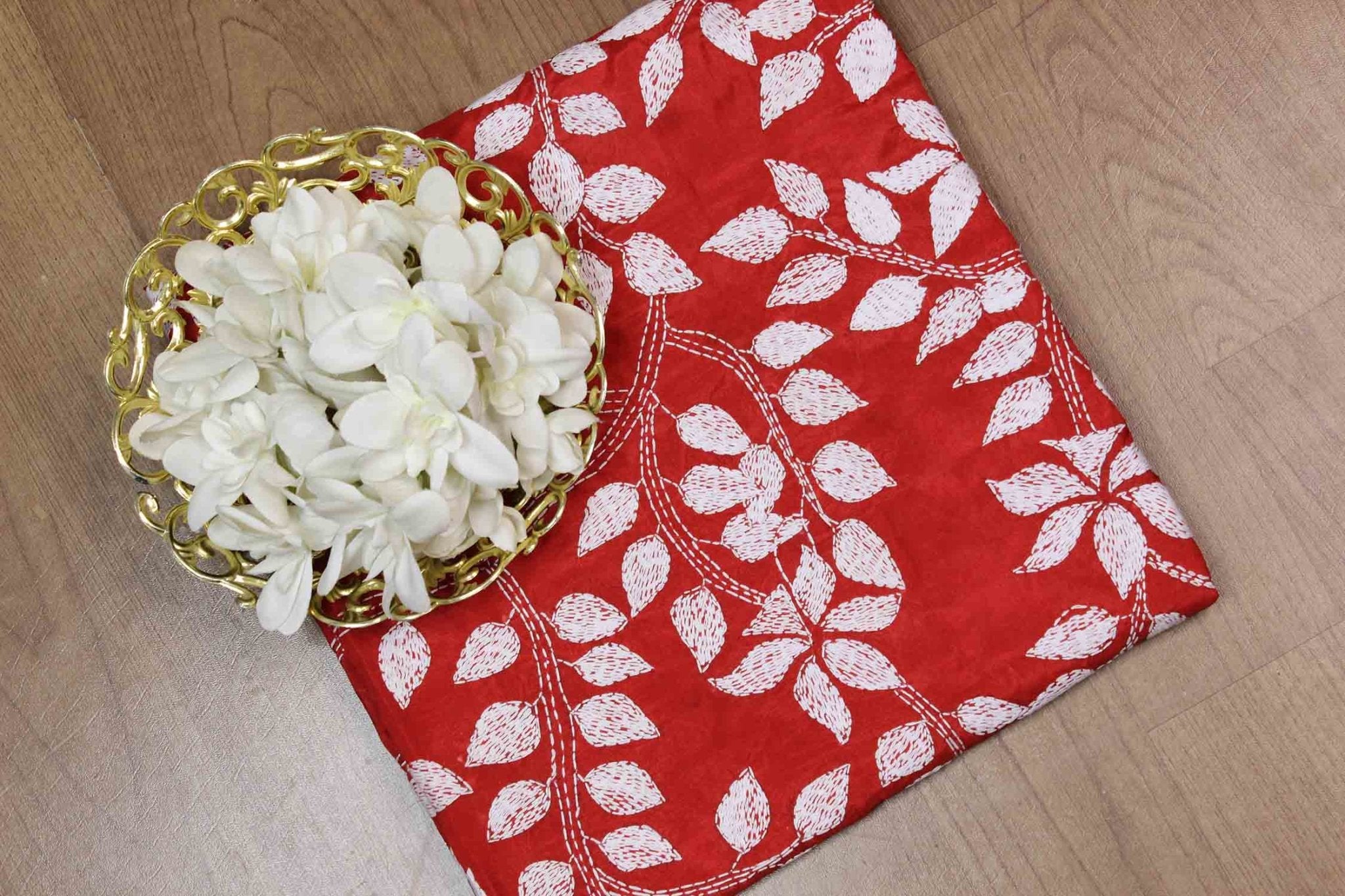 Red Hand Embroidered Kantha Silk Fabric ( 0.80 Mtr ) - Luxurion World