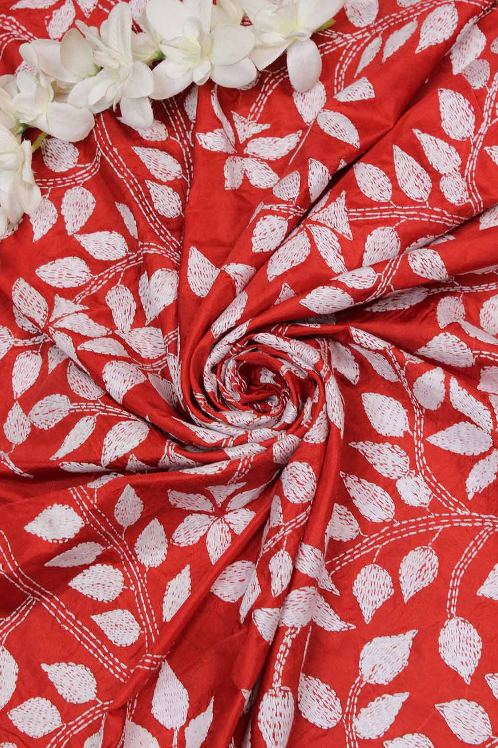 Red Hand Embroidered Kantha Silk Fabric ( 0.80 Mtr ) - Luxurion World