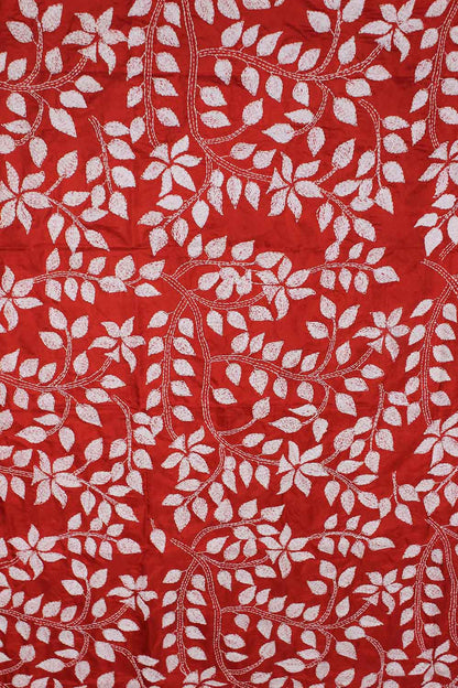 Red Hand Embroidered Kantha Silk Fabric ( 0.80 Mtr ) - Luxurion World