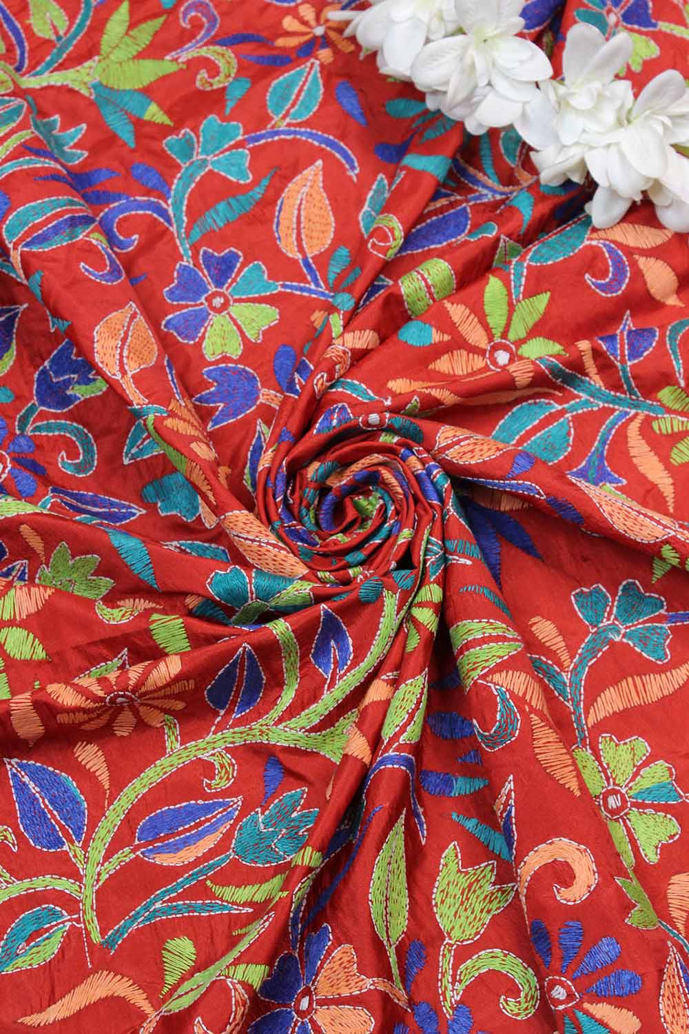 Red Hand Embroidered Kantha Silk Fabric ( 1 Mtr ) - Luxurion World