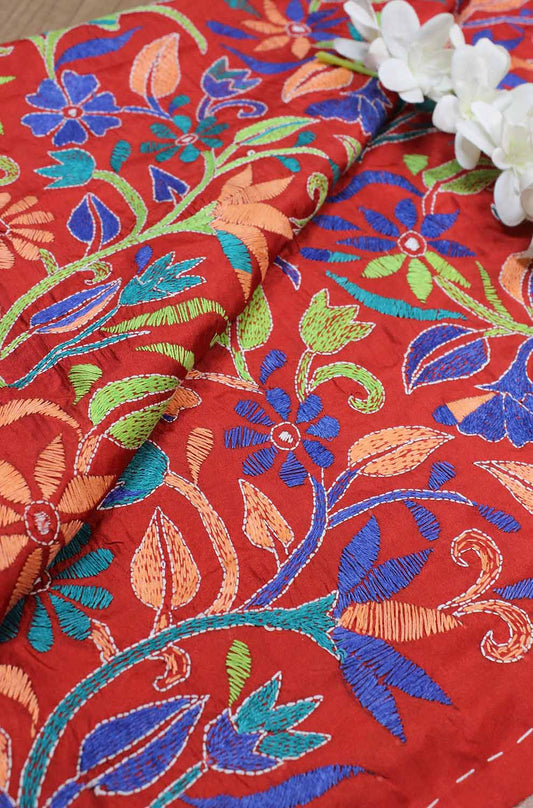 Red Hand Embroidered Kantha Silk Fabric ( 1 Mtr ) - Luxurion World