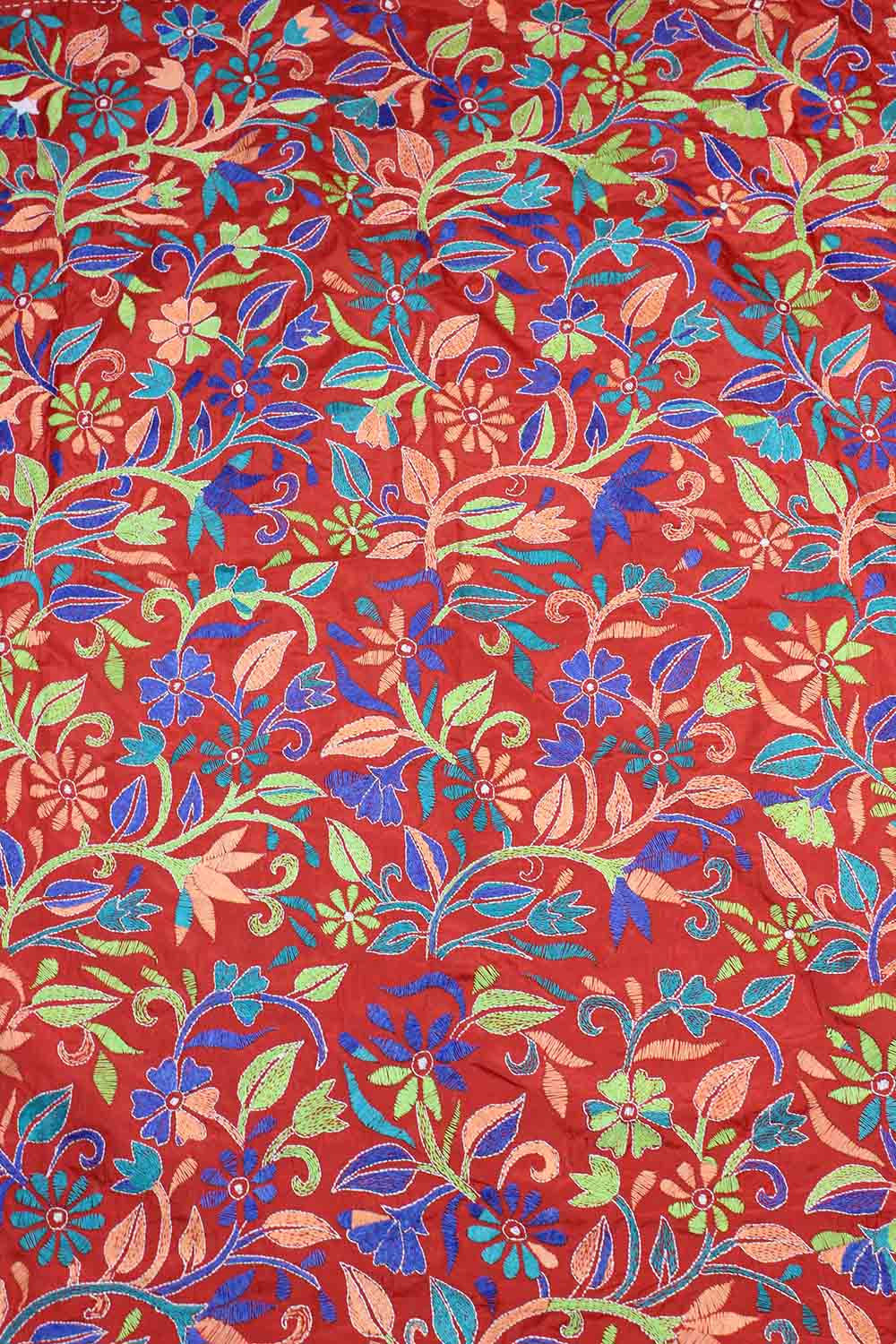 Red Hand Embroidered Kantha Silk Fabric ( 1 Mtr ) - Luxurion World