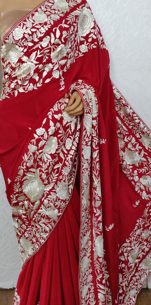 Red Hand Embroidered Parsi Gara Crepe Floral Design Saree