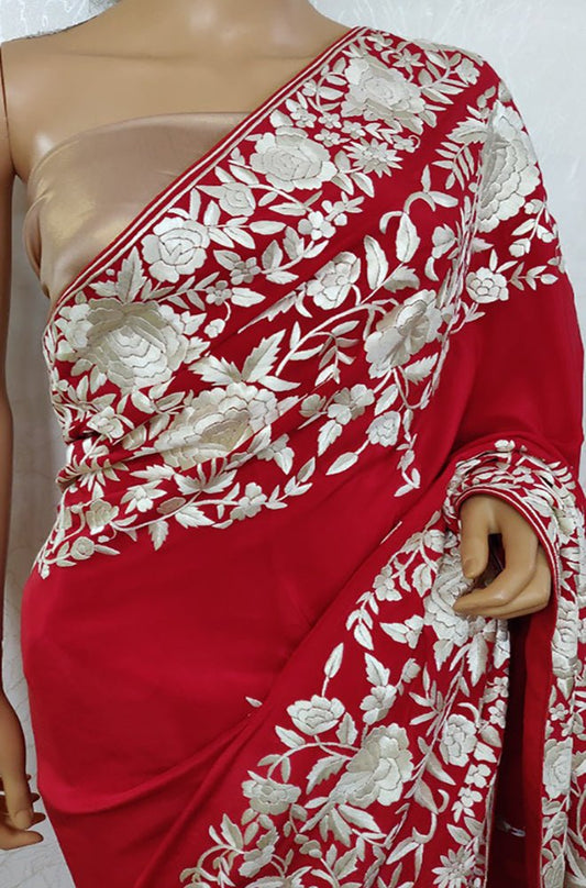 Red Hand Embroidered Parsi Gara Crepe Floral Design Saree
