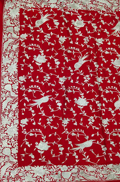Red Hand Embroidered Parsi Gara Pure Crepe Bird Design Saree Luxurionworld