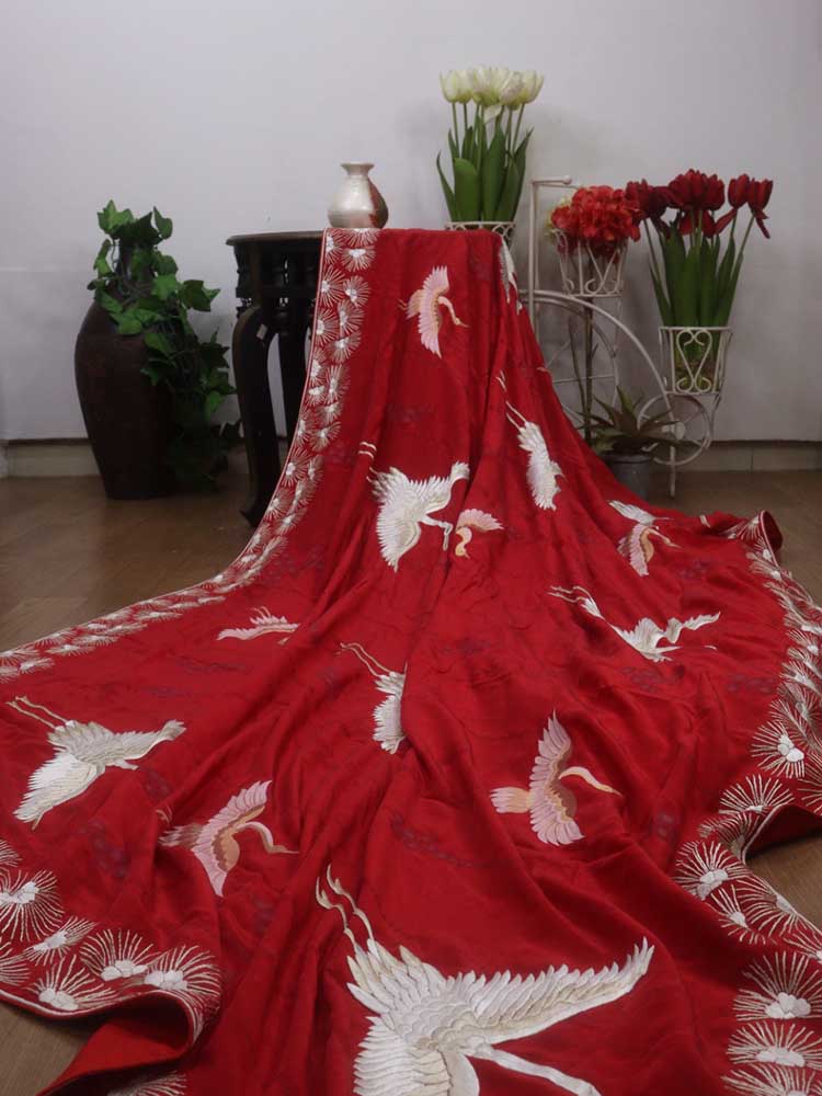 Red Hand Embroidered Parsi Gara Pure Crepe Saree With Hand Painted Design