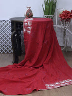 Red Hand Embroidered Parsi Gara Pure Crepe Saree With Hand Painted Design - Luxurion World